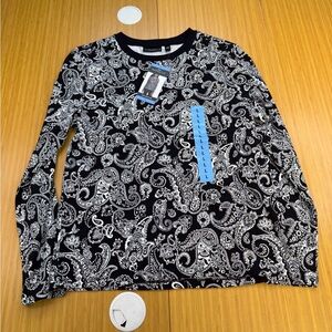 Rafaella Women's Black And White Paisley Long Sleeve Cotton Tee Shirt Size Large